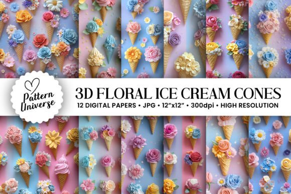 3D Floral Clay Ice Cream Cones Pattern