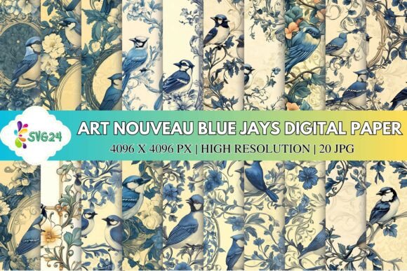 Art Nouveau Blue Jays Digital Paper: Elevating Design with Timeless Elegance