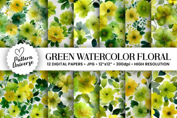 Green Watercolor Flowers Digital Paper for Creative Workflows