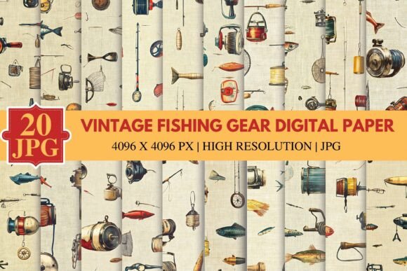 Vintage Fishing Gear Digital Paper for Creative Projects