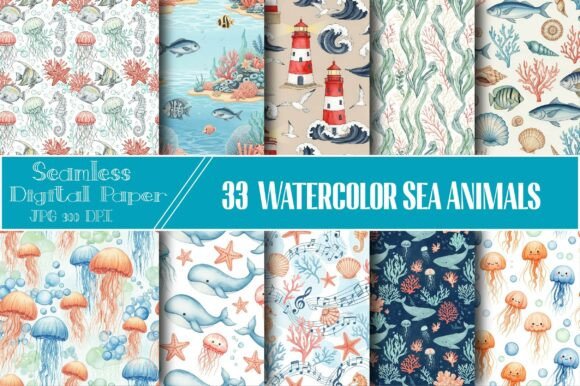 Watercolor Sea Animals Seamless Pattern